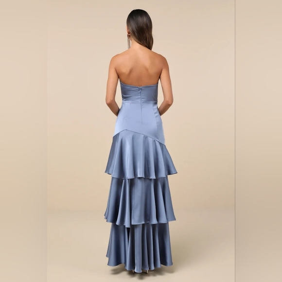 Lulus Blissfully Beautiful Slate Satin Strapless Tiered Maxi Dress Wedding Party - Picture 5 of 8
